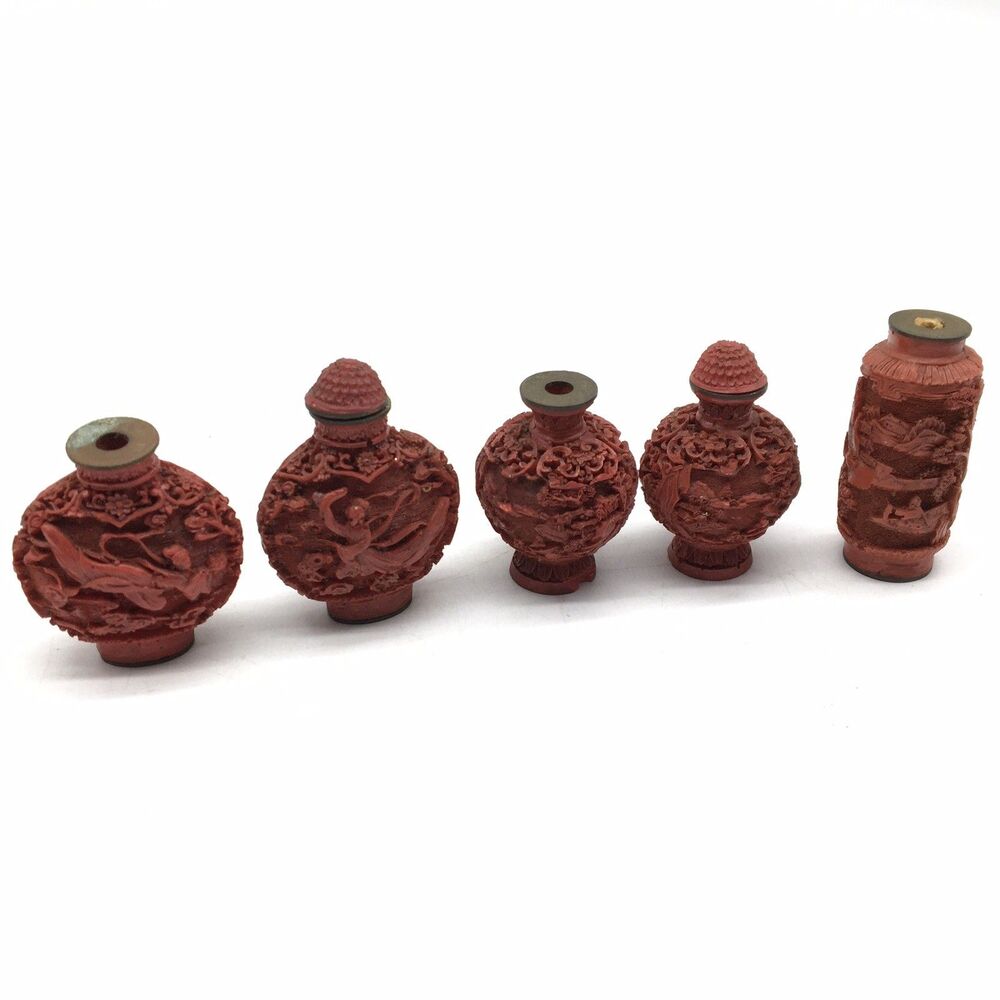 Vintage Chinese Snuff Bottles Carved Red Cinnabar Lot Of 5 READ Description.